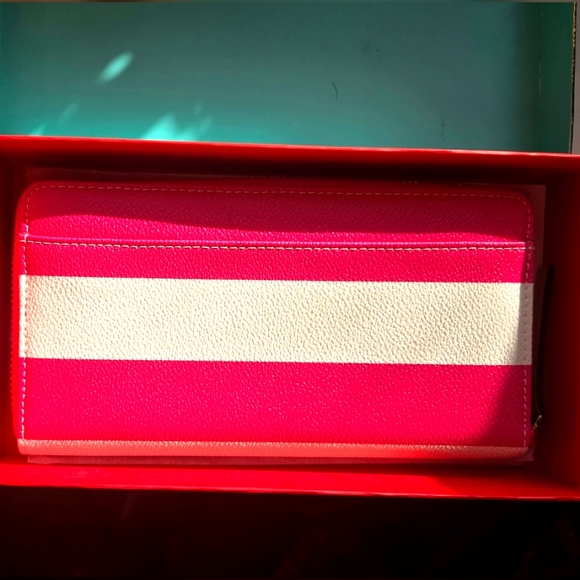 Kate Spade New York Pink and White Stripe Wallet Wristlet with Box - Picture 3 of 14